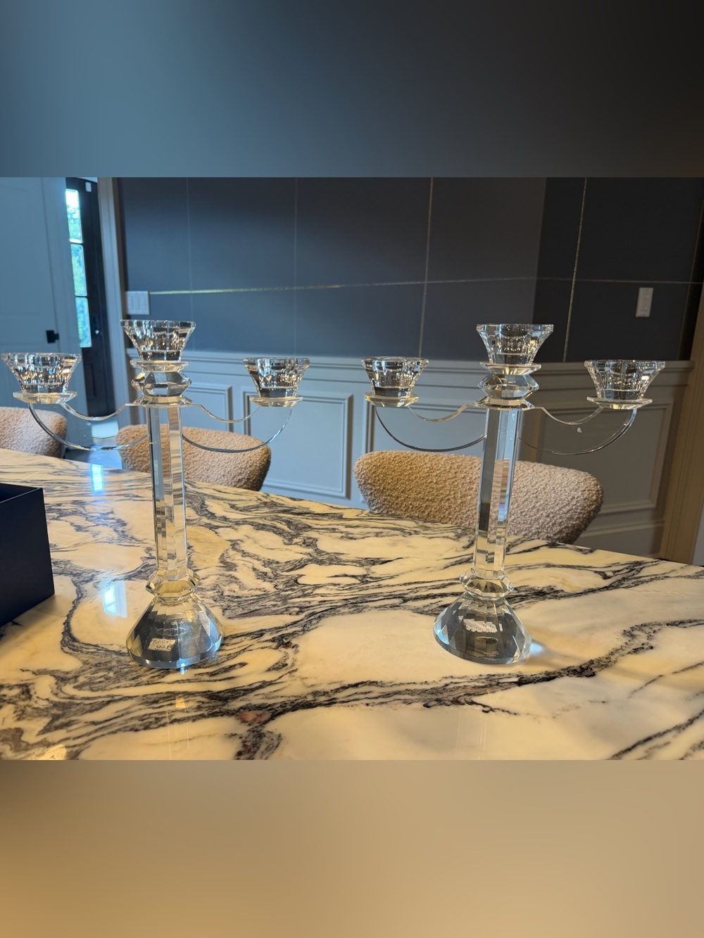 Riccio Clear Crystal Triple-Arm Candelabra Pair
